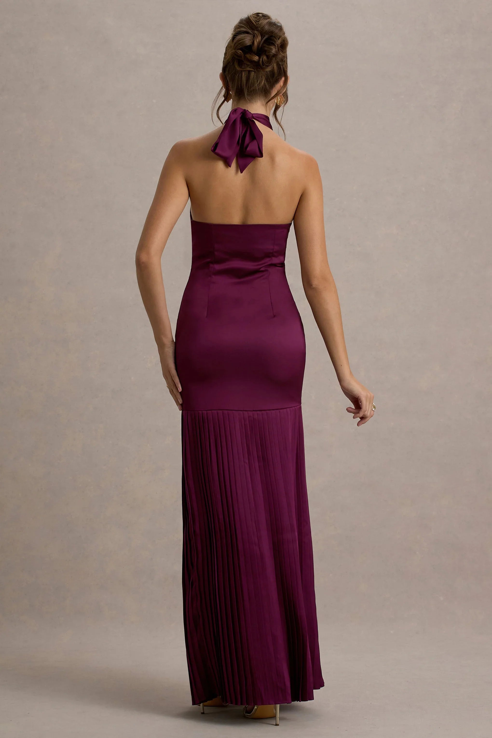 Sansa Burgundy Satin Cross Halter Neck Plisse Maxi Dress