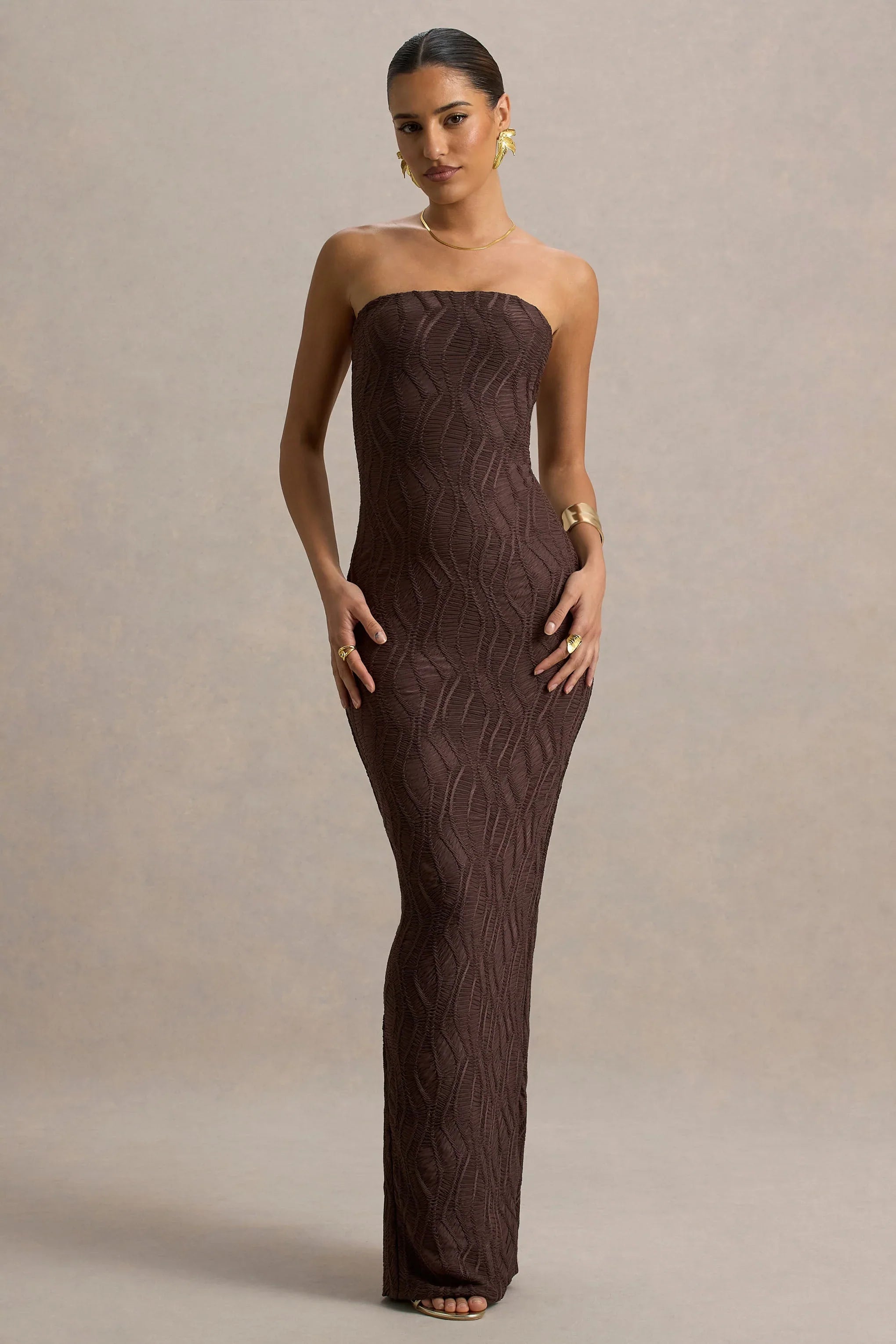Lorela Brown Bodycon Bandeau Maxi Dress