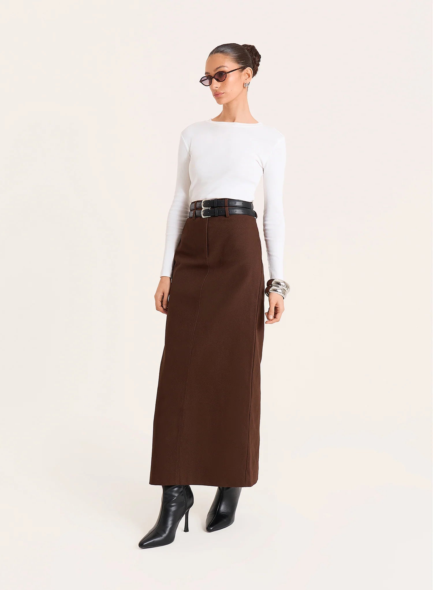 Chocolate Belted Tailored Maxi Skirt