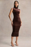 Novine Brown Velvet High Neck Midi Dress