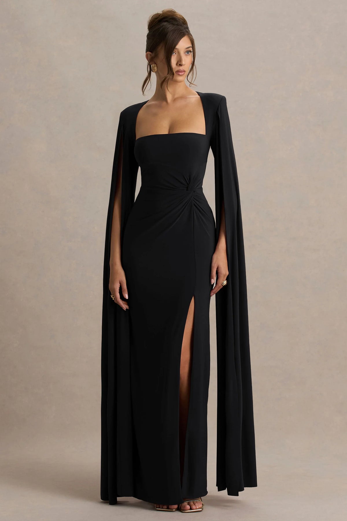 Claretta Black Square Neck Twisted Maxi Dress With Cape Sleeves