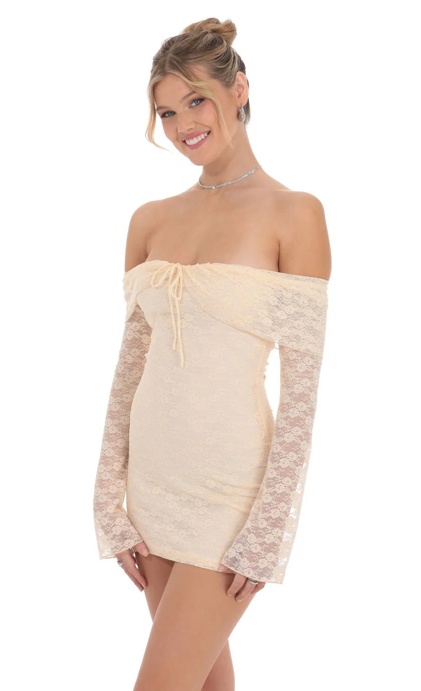 Lace Draped Off Shoulder Dress in Pastel Peach