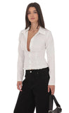 Pinstripe Ruffle Hem Button Up Shirt in White