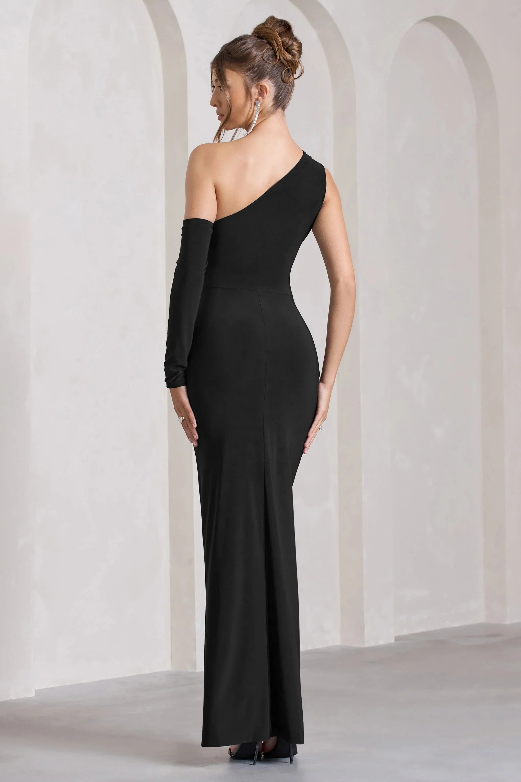 Carlina Black Ruched One Shoulder Cut Out Split Maxi Dress