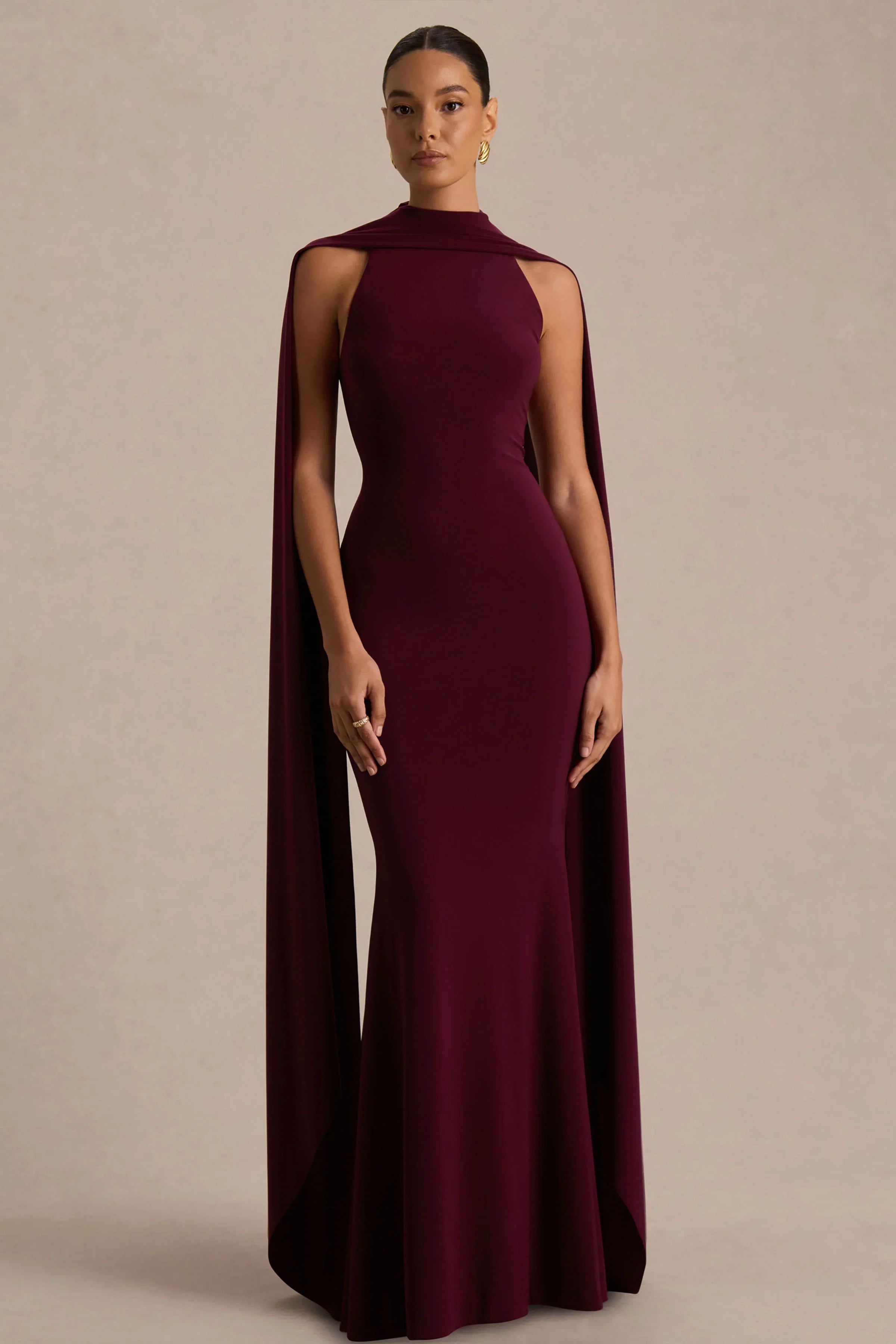 Cordy Burgundy High Neck Maxi Dress With Scarf Detail