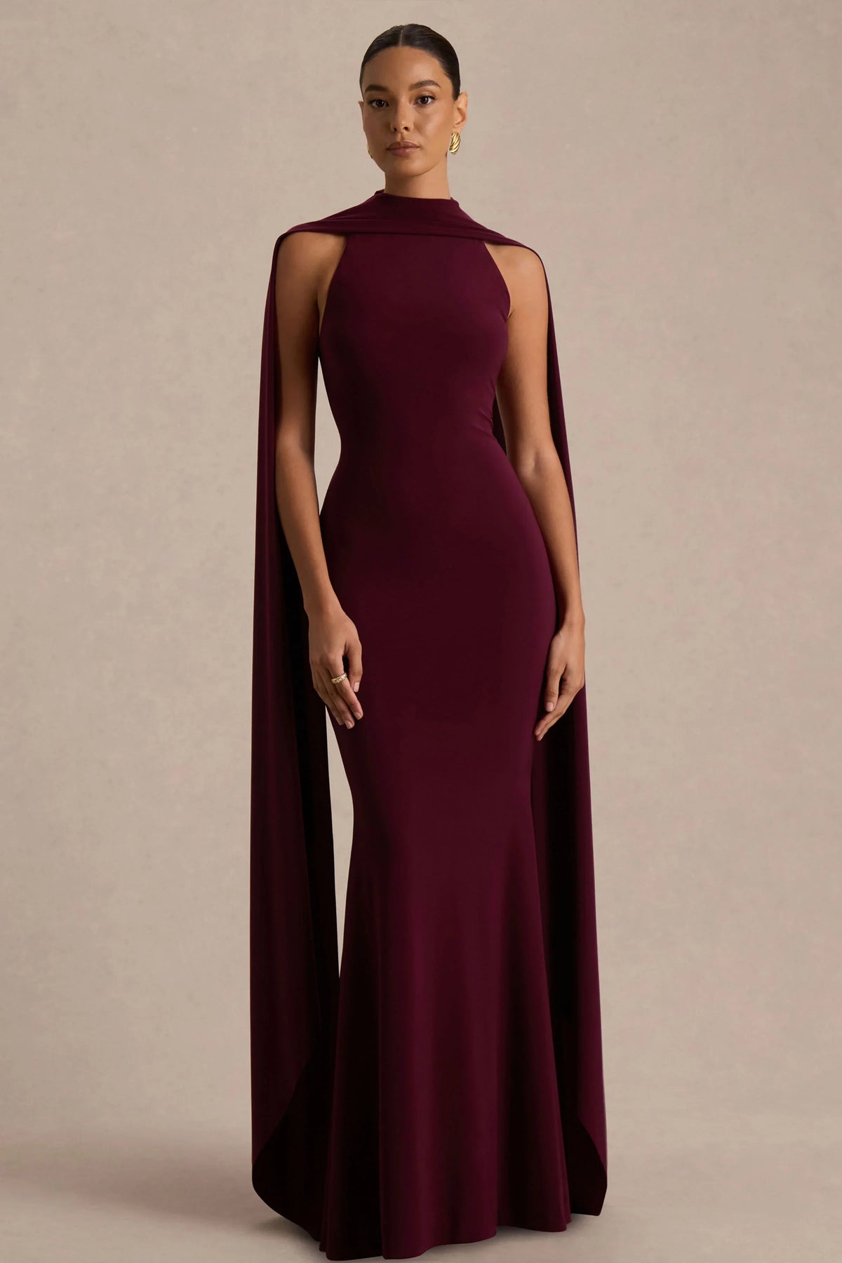 Cordy Burgundy High Neck Maxi Dress With Scarf Detail