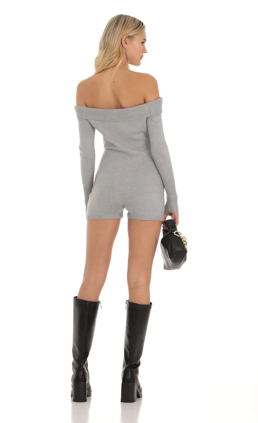 Knit Off Shoulder Romper in Grey