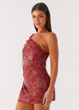 Temptational Beaded One Shoulder Mini Dress Rust
