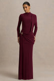 Melissa Burgundy Long Sleeve Wrap Maxi Dress With Draped Detailing