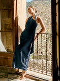 Navy Satin Halterneck Maxi Dress