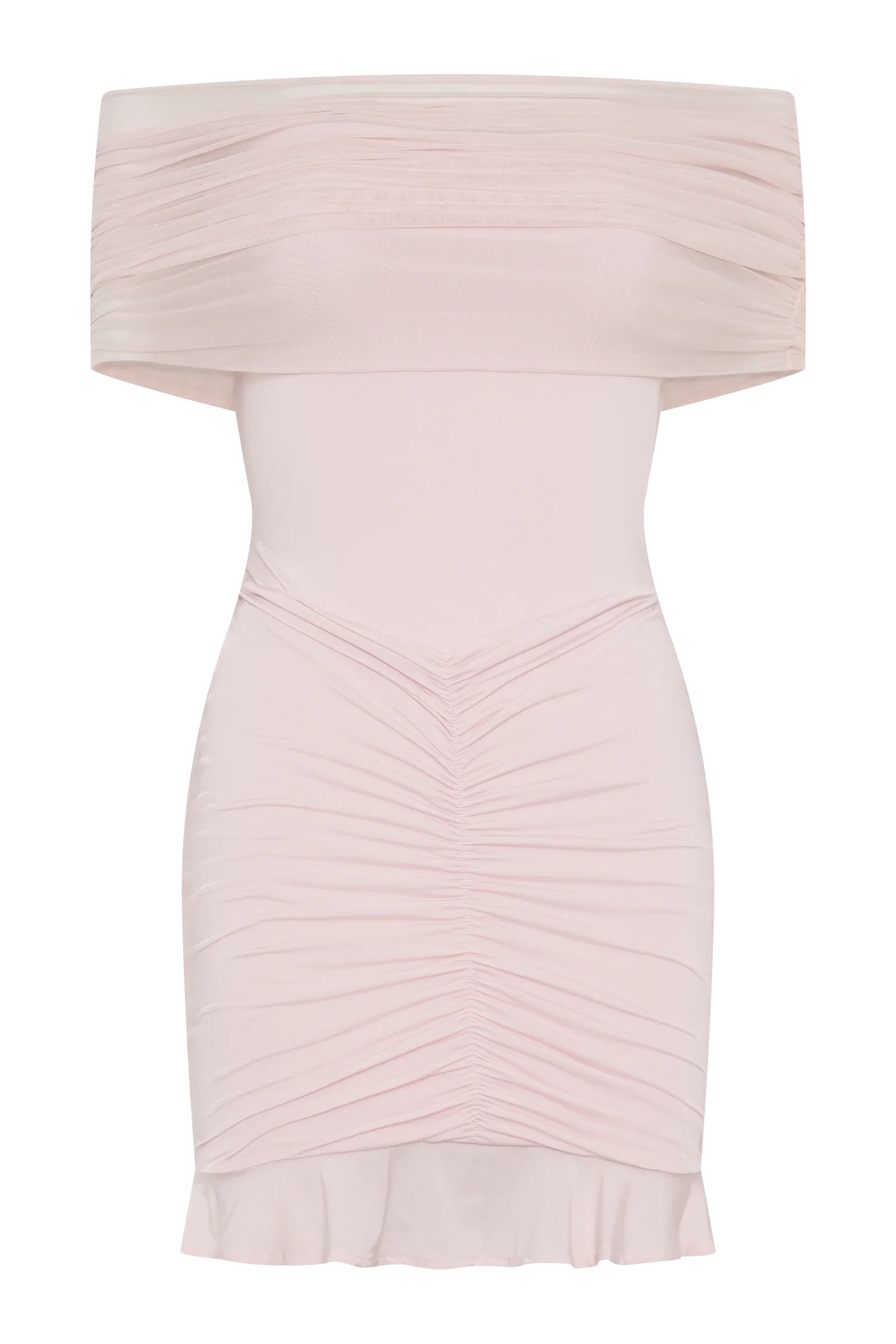 Caspian Slinky And Mesh Off Shoulder Mini Dress Pale Pink