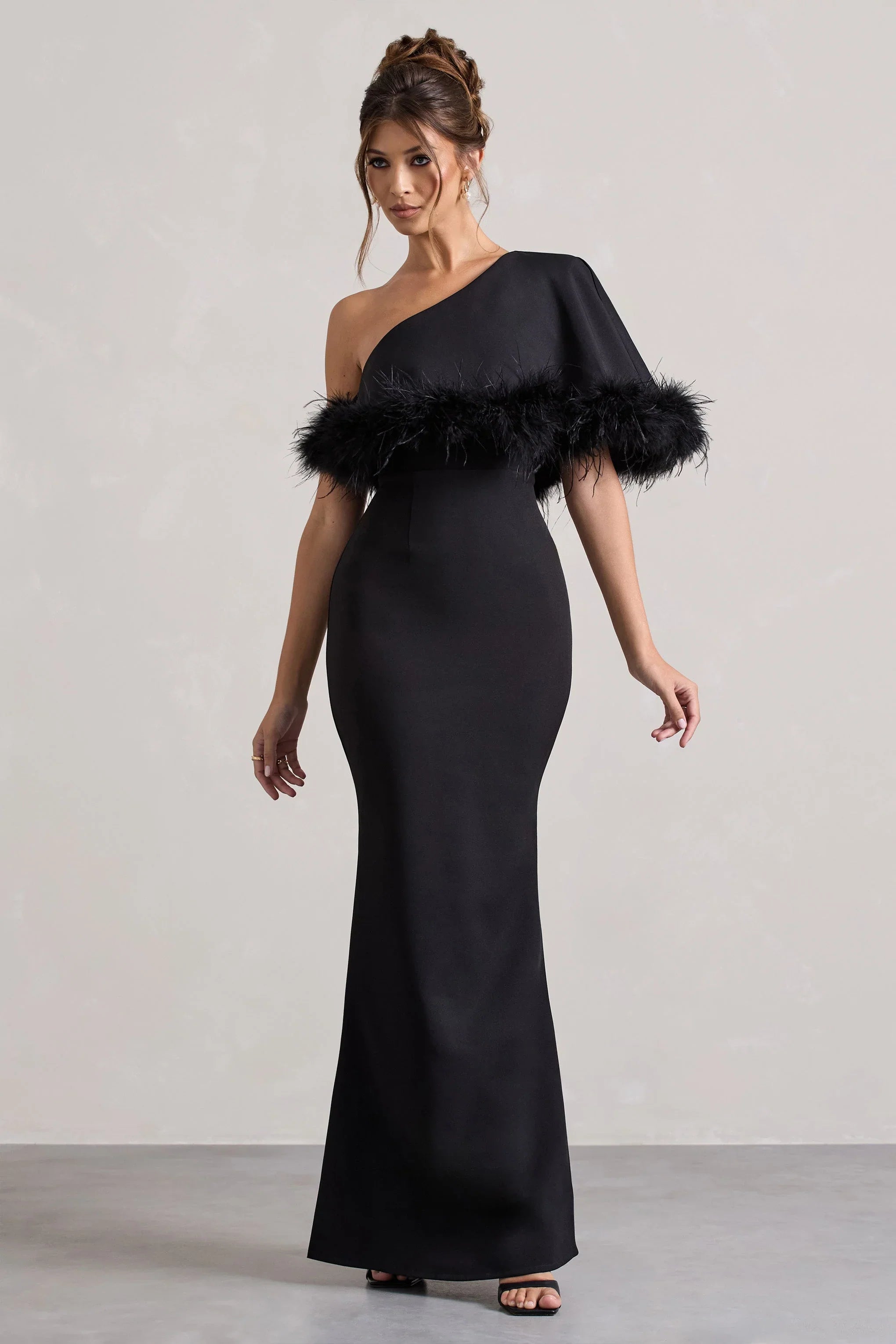 Valor Black Asymmetric Maxi Dress With Feather Trim