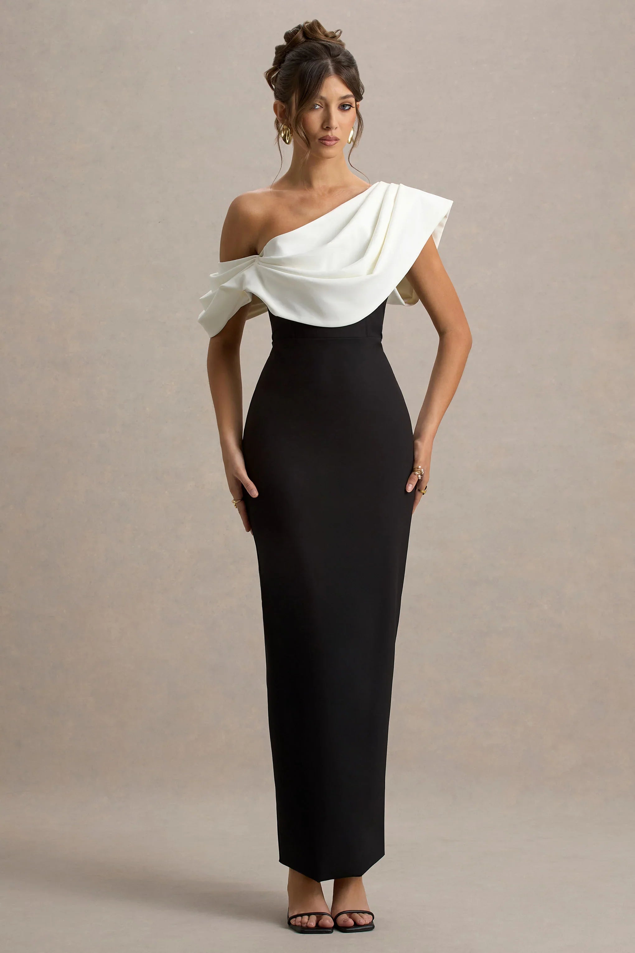 Angelina Black White Draped Shoulder Maxi Dress