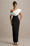 Angelina Black White Draped Shoulder Maxi Dress