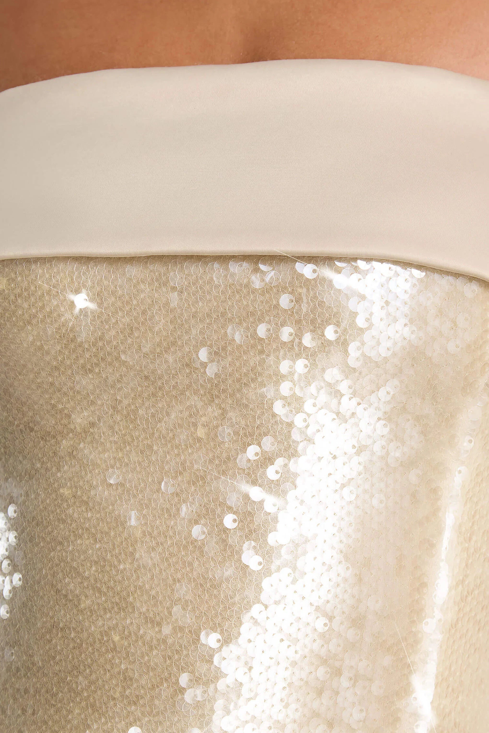 Casandra Champagne Sequin Bandeau Mini Dress With Satin Trim