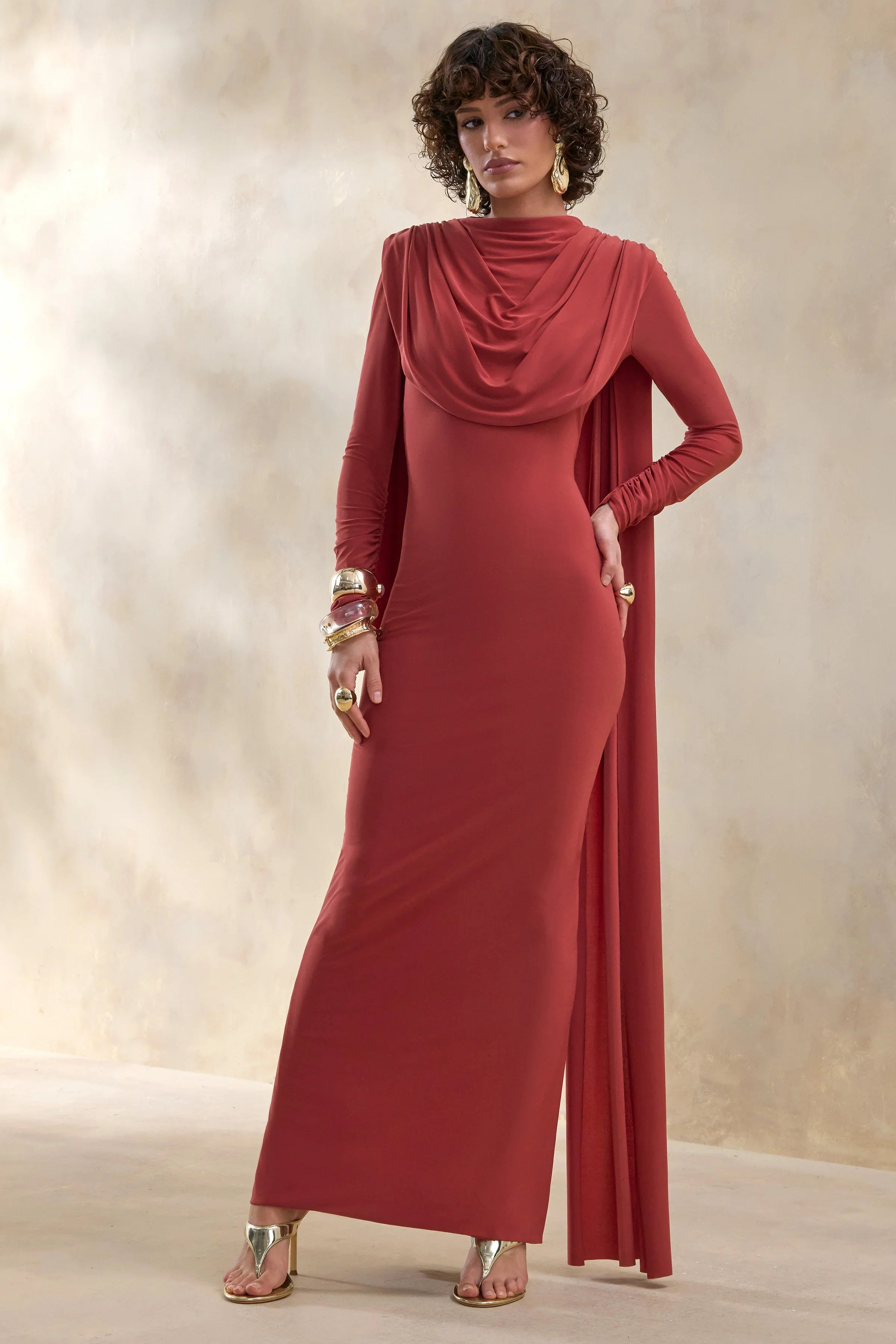 Lysoria Rust High Neck Maxi Dress With Draped Detailing And Cape Sleeves