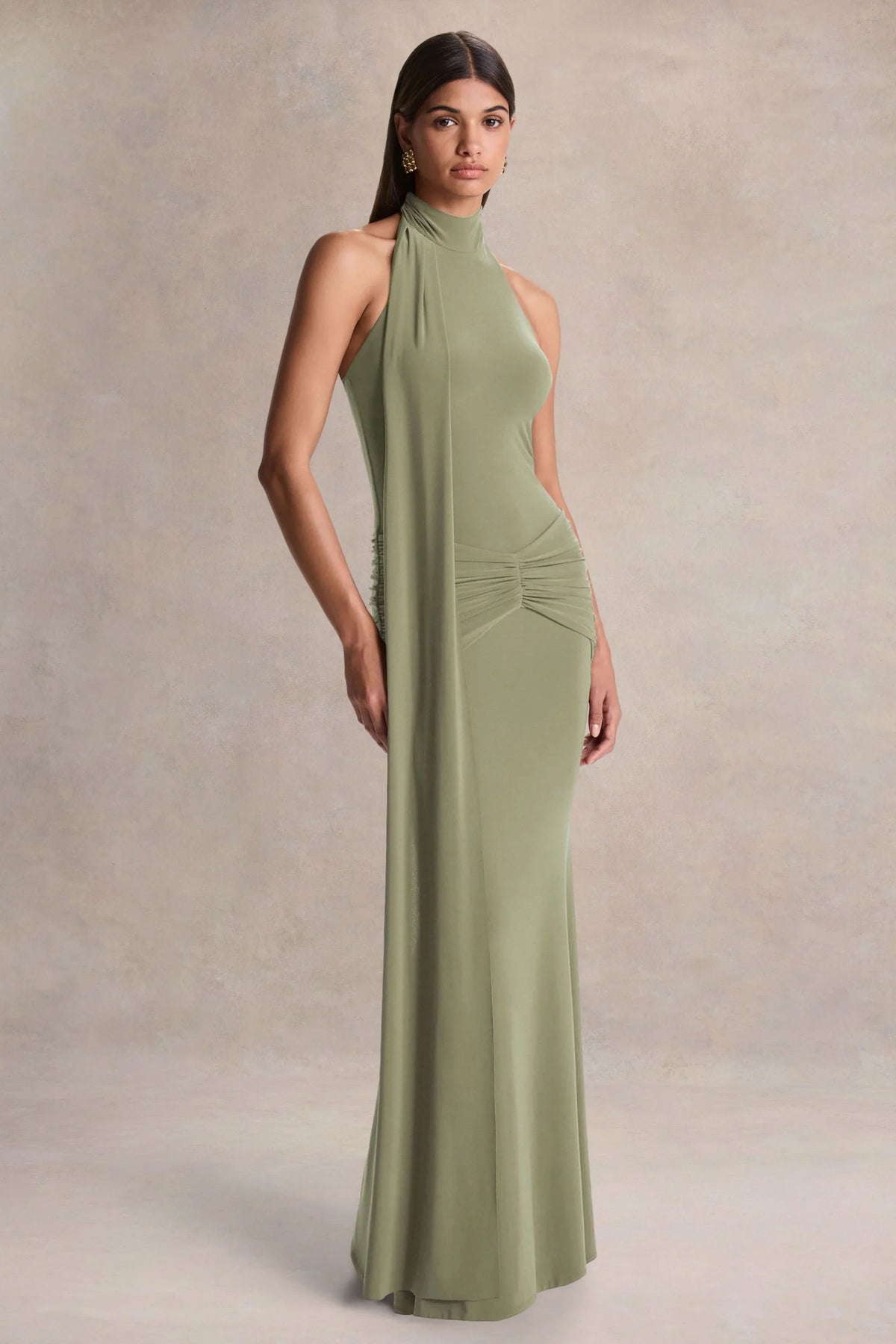 Hyla Green High Neck Maxi Dress With Sash Detail
