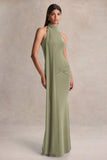 Hyla Green High Neck Maxi Dress With Sash Detail