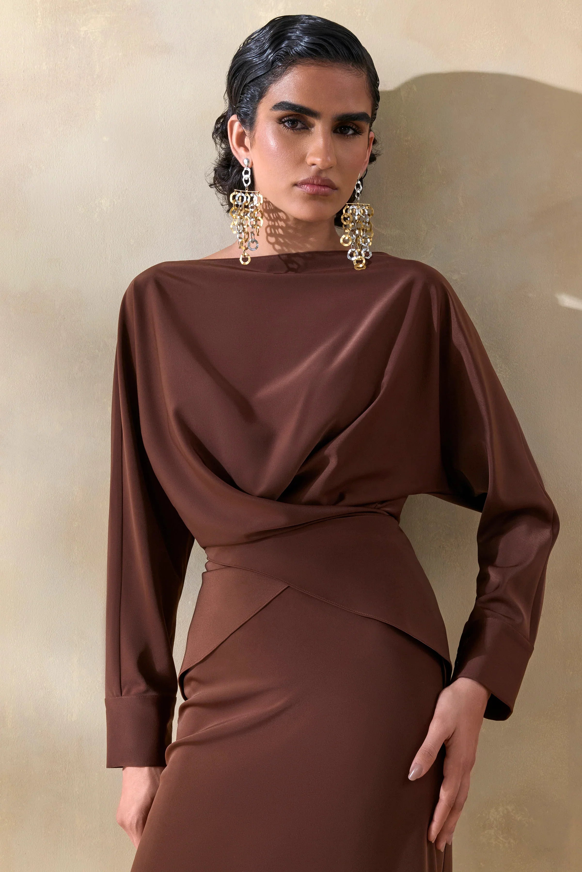 Miravia Brown Satin Wide Neck Long Sleeve Top