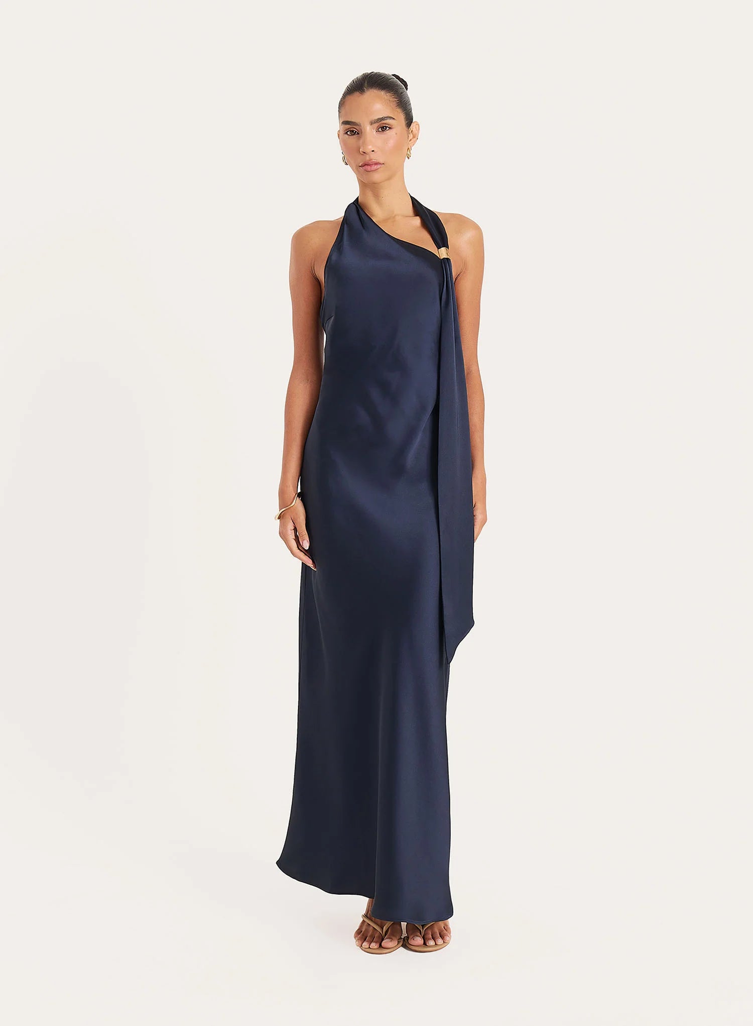 Navy Satin Halterneck Maxi Dress