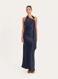 Navy Satin Halterneck Maxi Dress