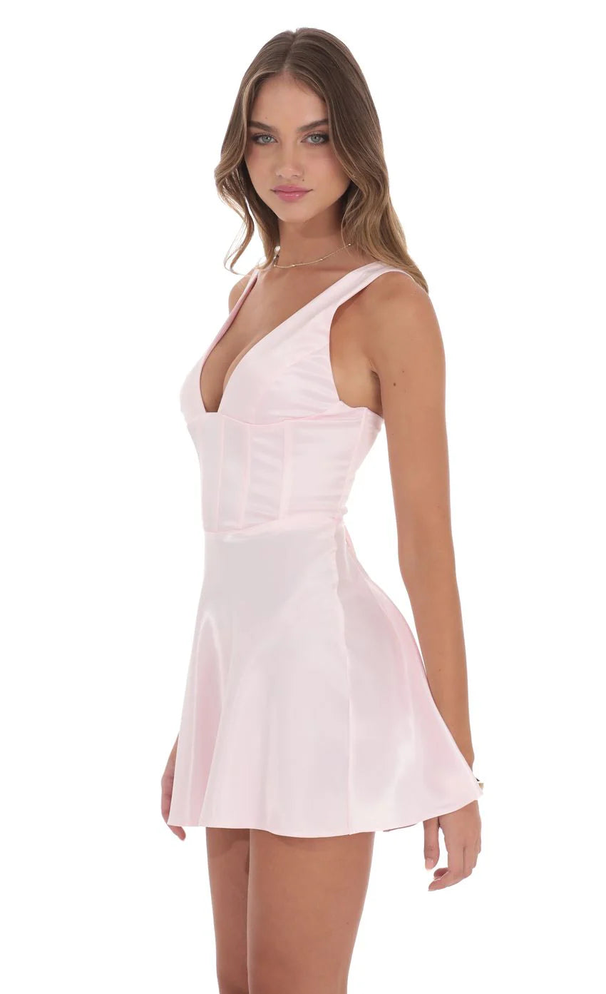 Satin V Neck Corset Dress in Pink