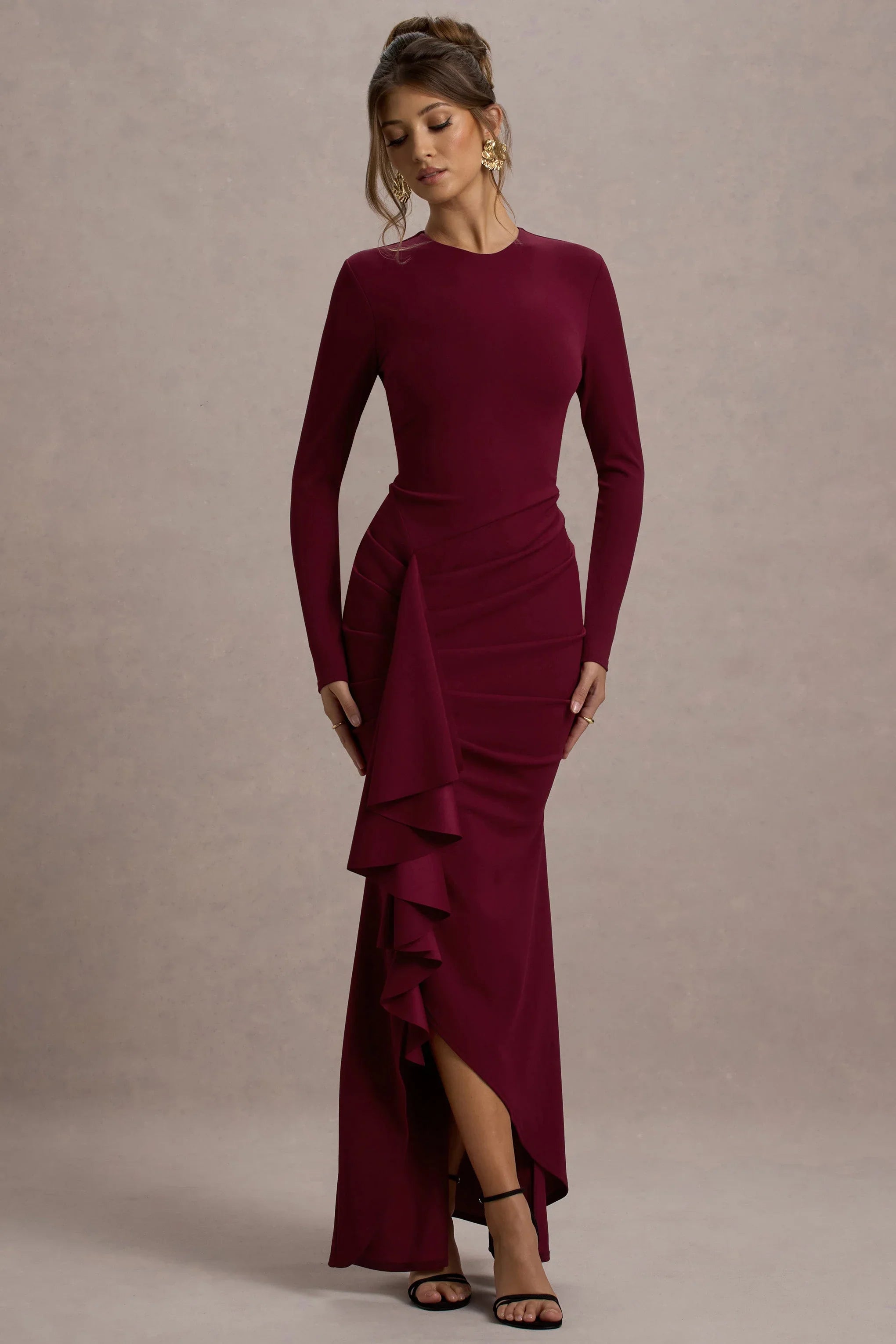Alayna Berry Long Sleeve Maxi Dress With Ruffled Split