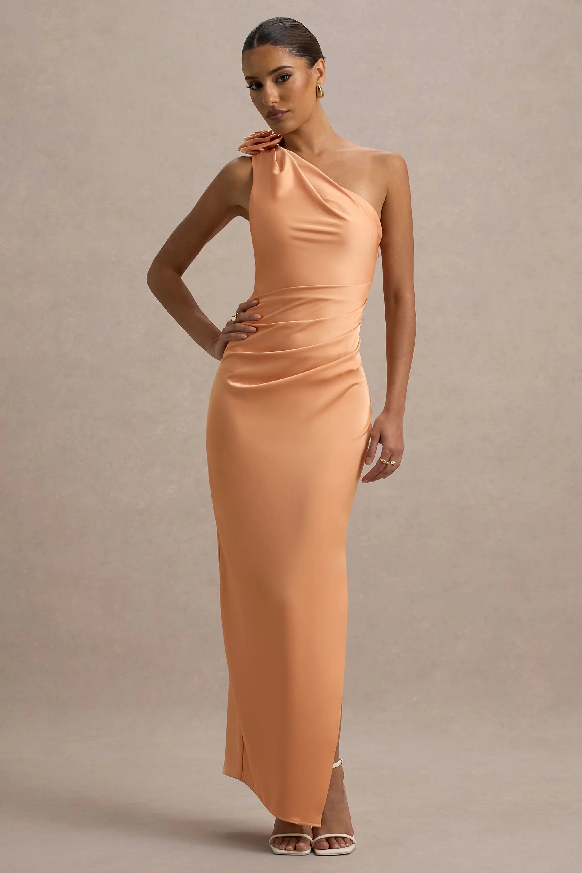 Janette Peach Satin One Shoulder Split Maxi Dress With Corsage