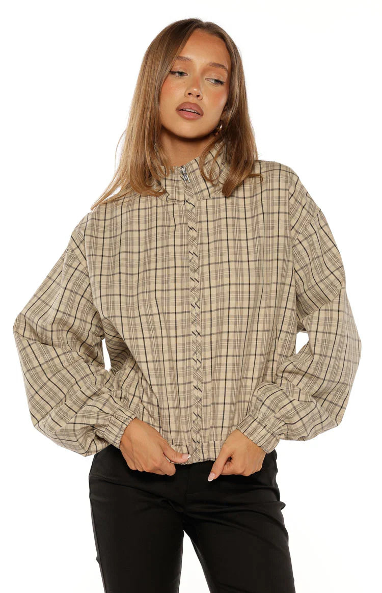Lee Beige Plaid Funnel Neck Jacket PRE ORDER