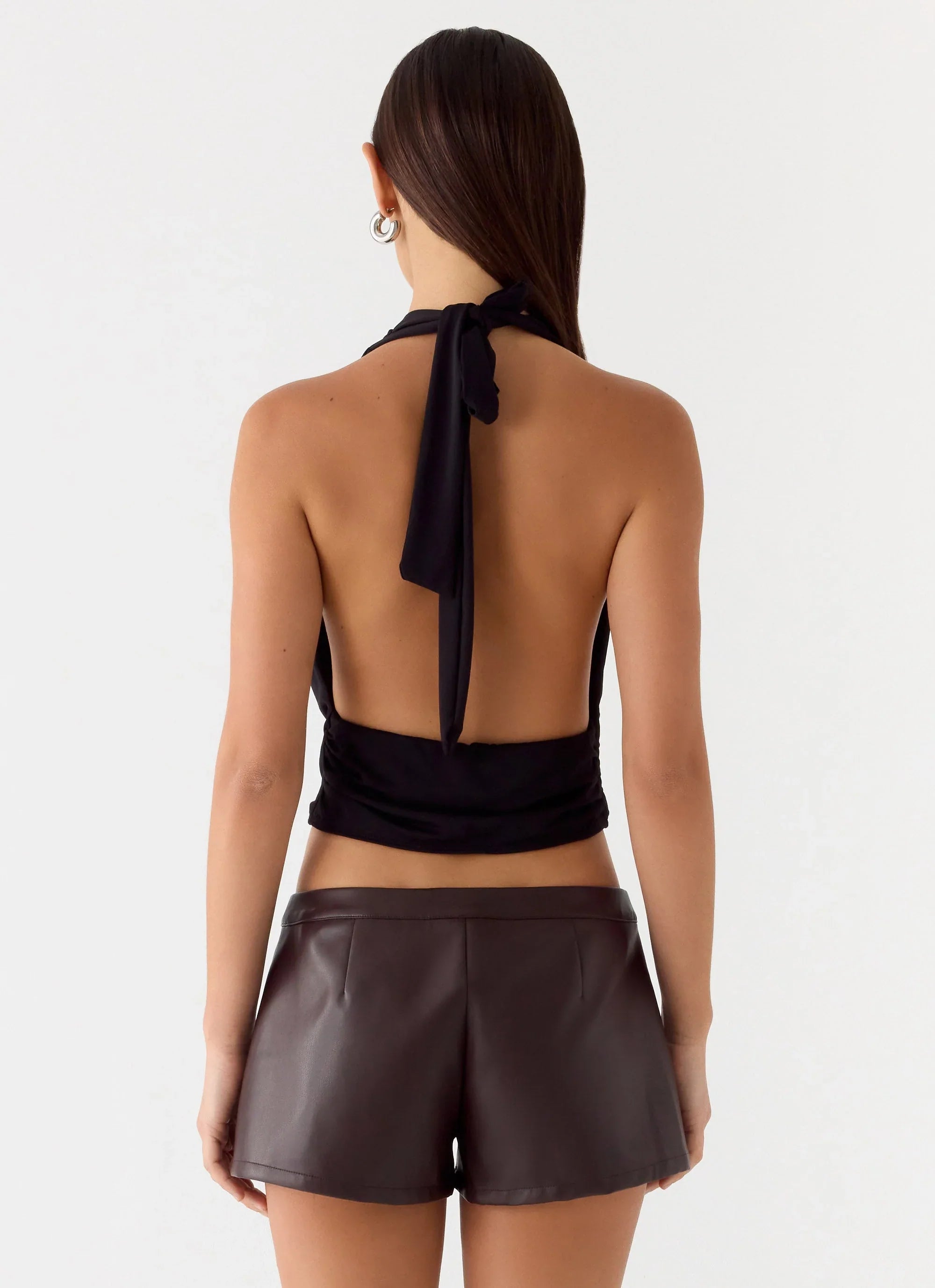 Coastline Faux Leather Micro Mini Shorts Chocolate