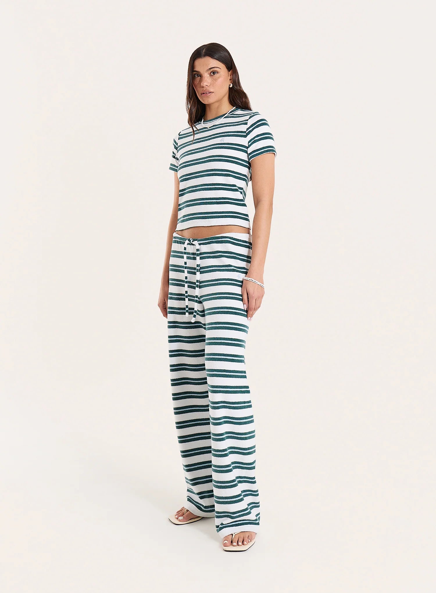 Green And White Striped Towelling Straight Leg Trousers