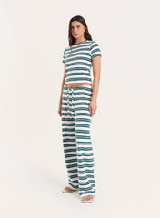Green And White Striped Towelling Straight Leg Trousers