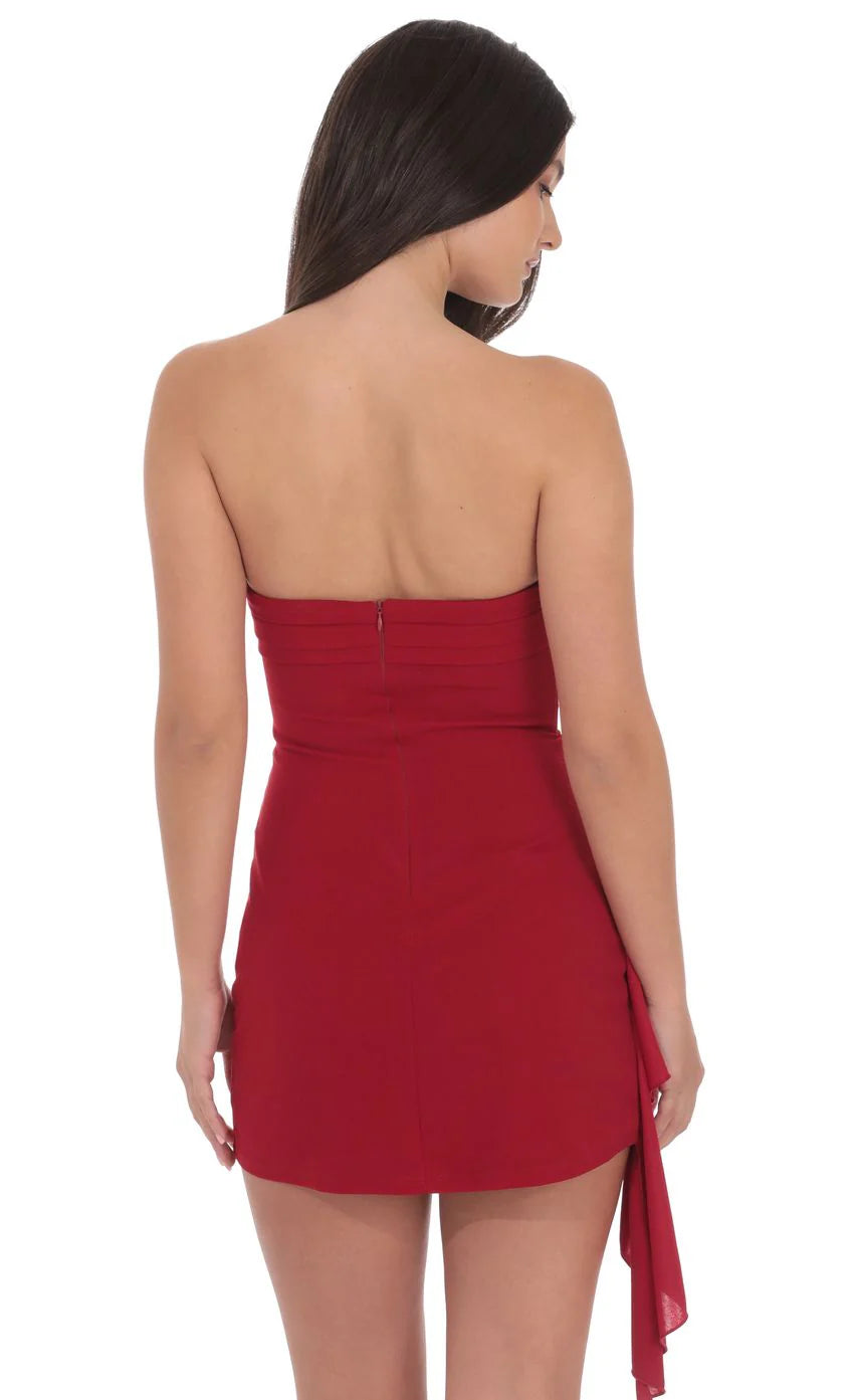 Strapless Ruched Tassel Dress in Red