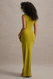 Lanetta Green Ruched High Neck Maxi Dress With Split
