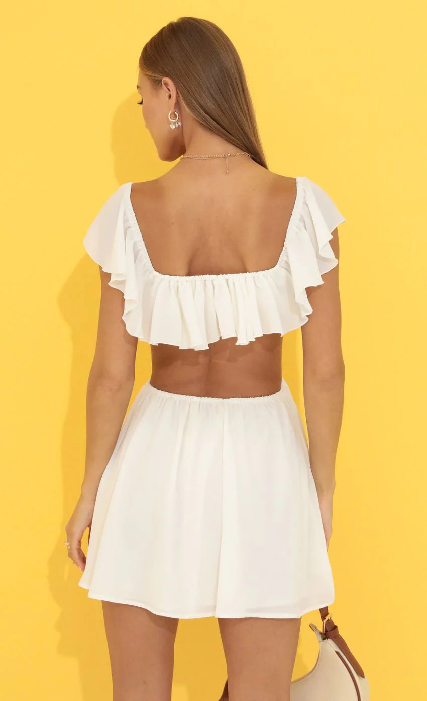 Cutout Ruffle Dress in White