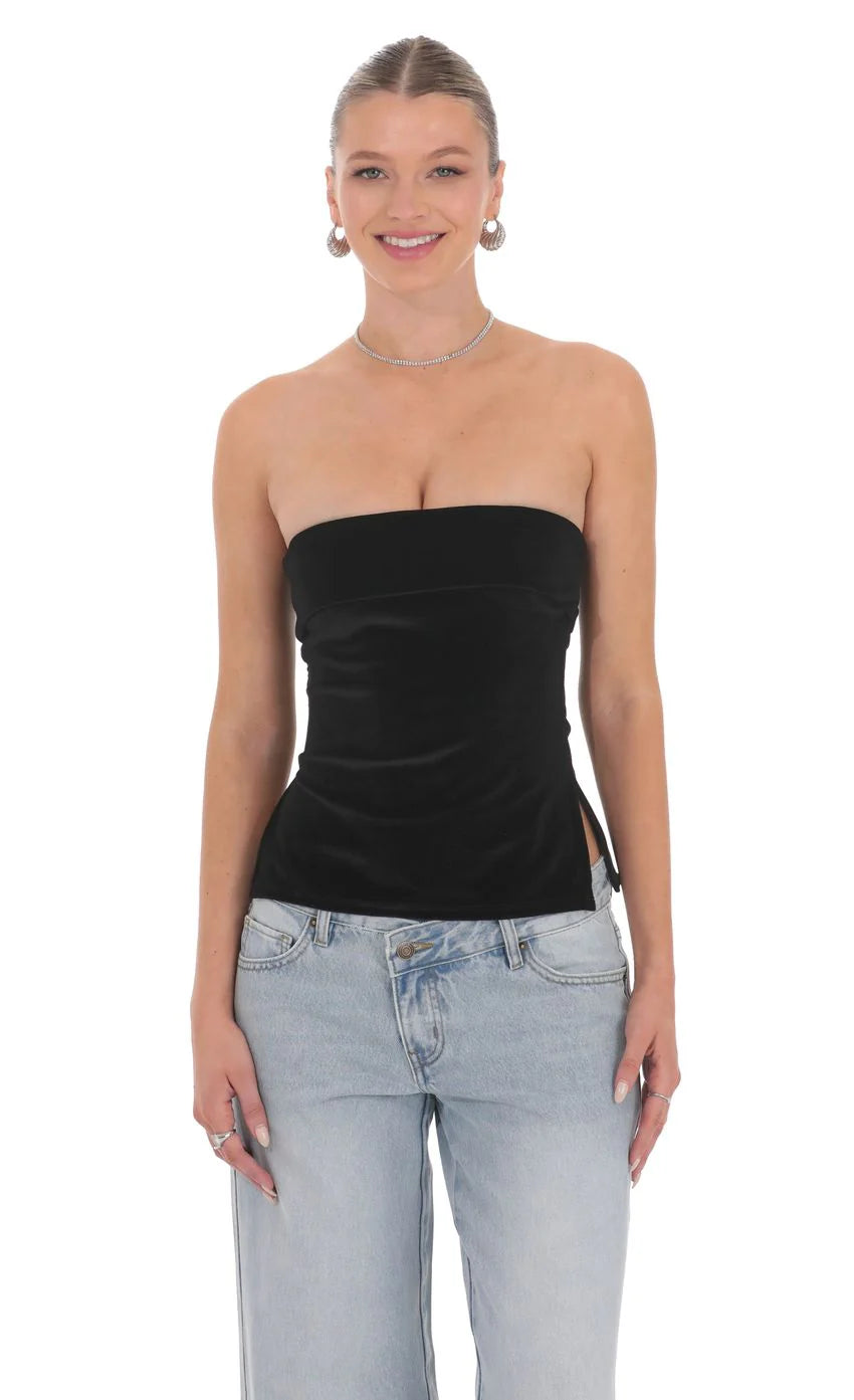 Velvet Strapless Slit Top in Black