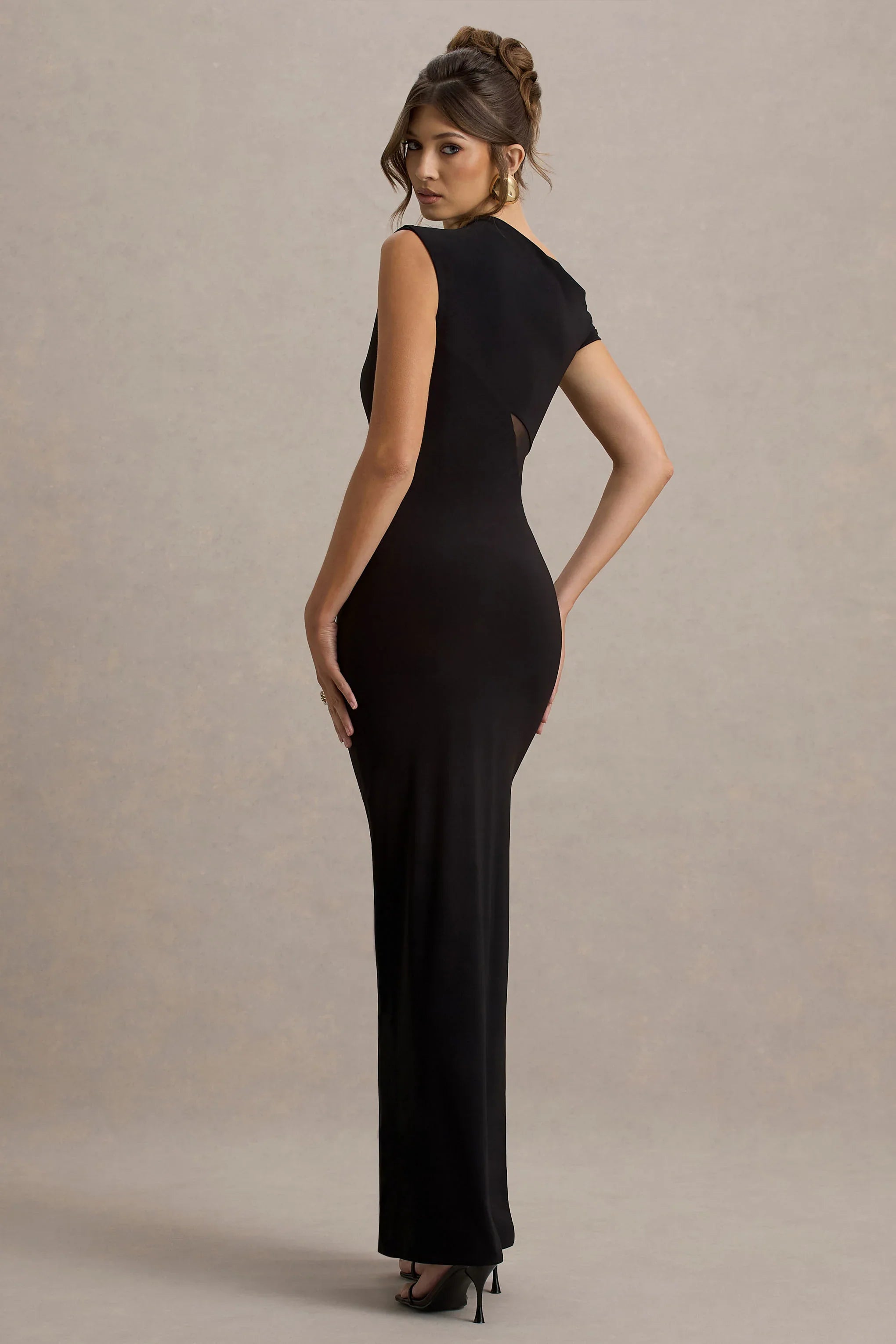 Emily Black Asymmetric Split Maxi Dress With Mesh Detailing