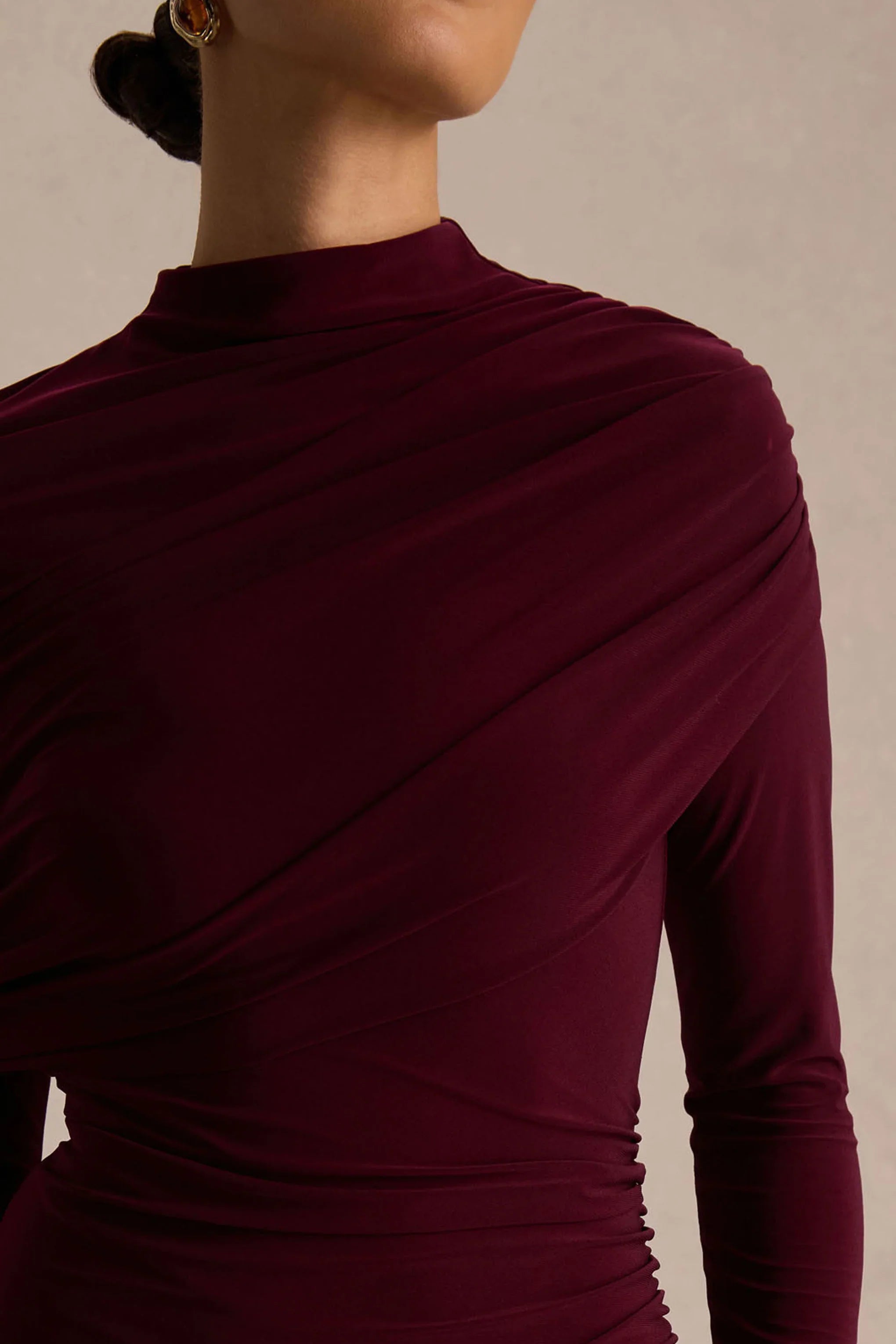 Gatsby Burgundy High Neck Maxi Dress With Feather Trim Cuffs