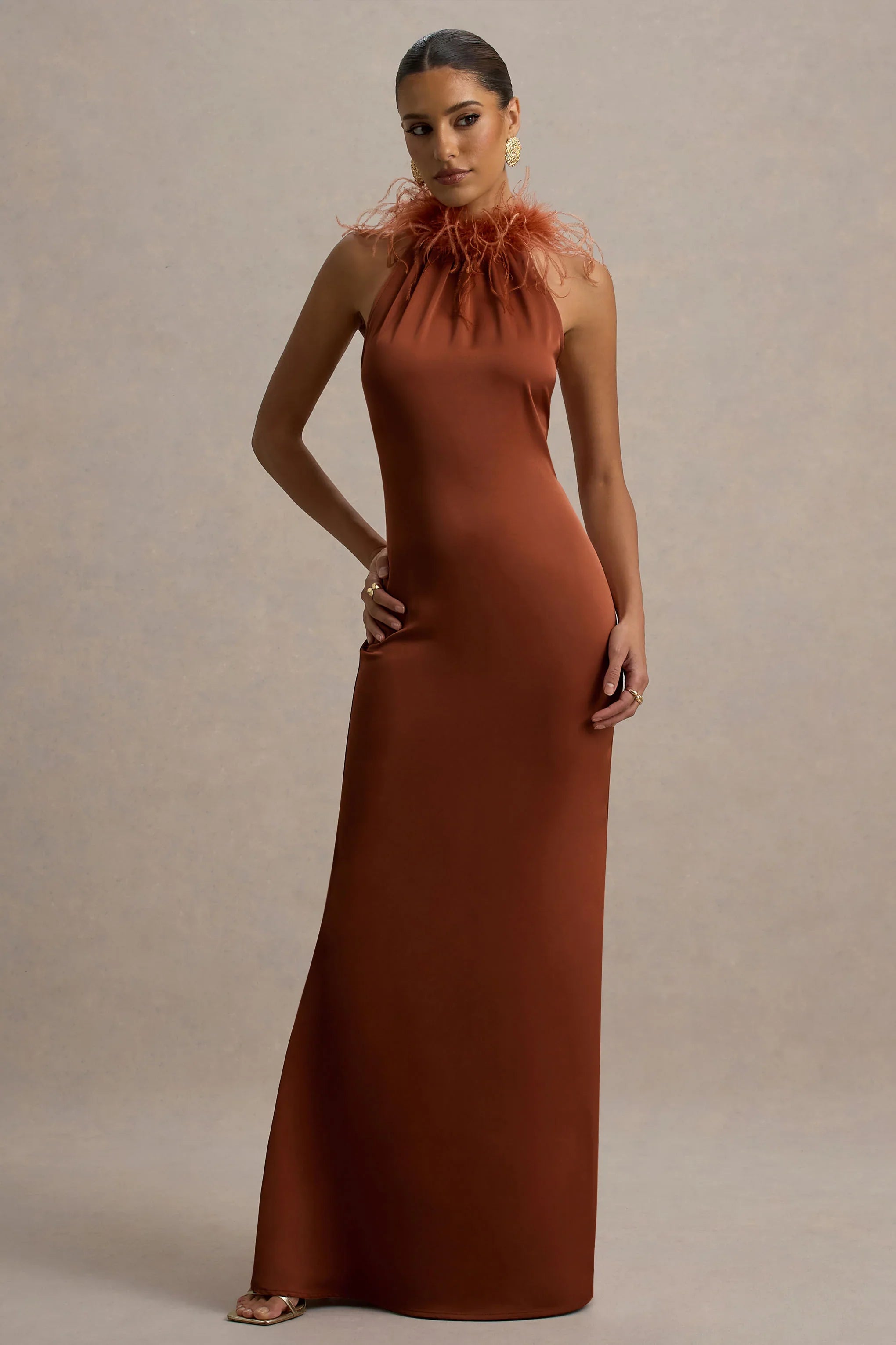 Bianca Rust Satin Feather Trim Maxi Dress