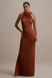 Bianca Rust Satin Feather Trim Maxi Dress