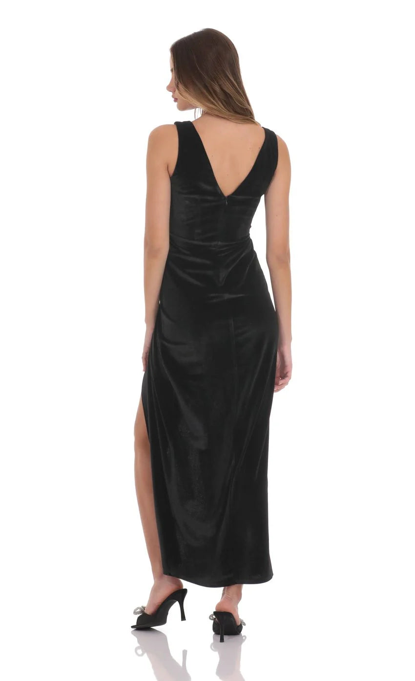 Velvet V Neck Slit Maxi Dress in Black