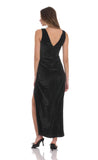 Velvet V Neck Slit Maxi Dress in Black