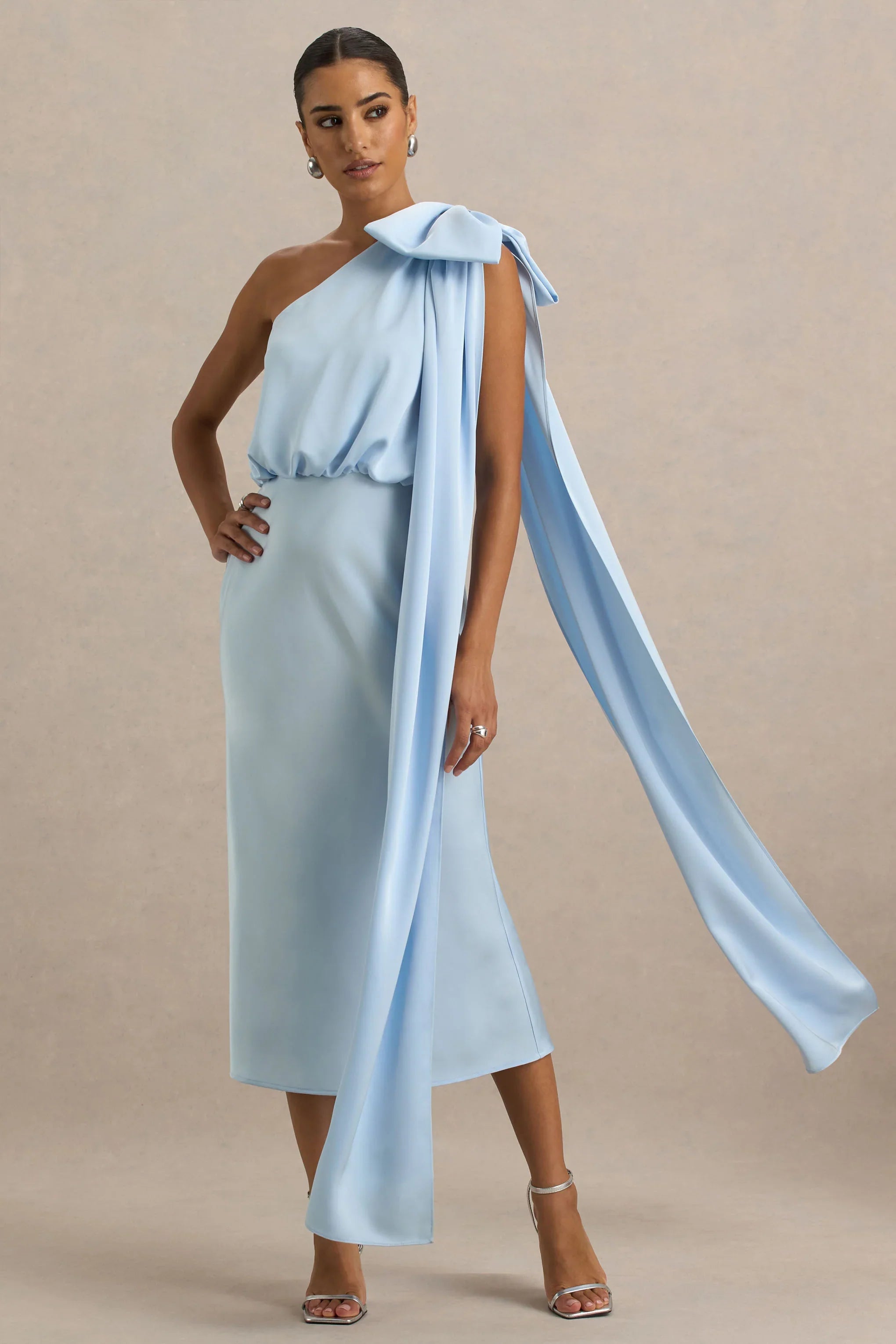 Celestia Powder Blue Satin Asymmetric Neck Midi Dress With Cape Detail