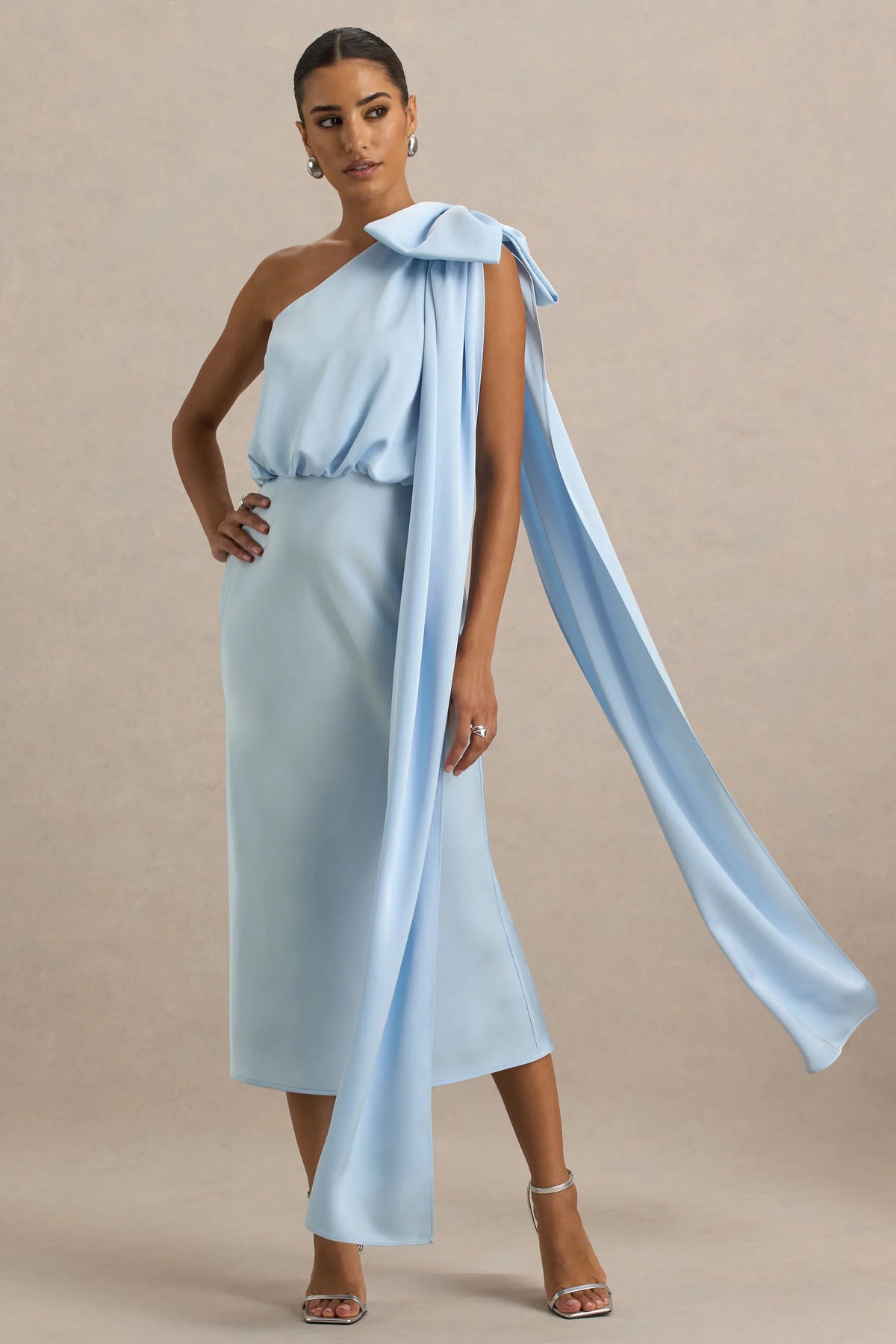 Celestia Powder Blue Satin Asymmetric Neck Midi Dress With Cape Detail