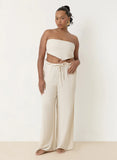 Beige Linen Drawstring Waist Trouser