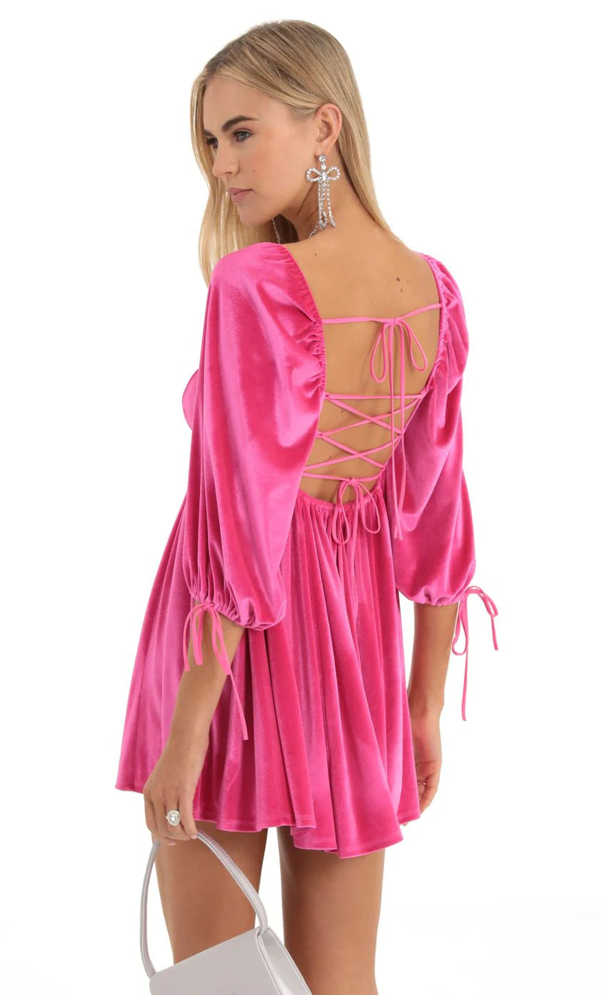 Velvet Baby Doll Dress in Hot Pink