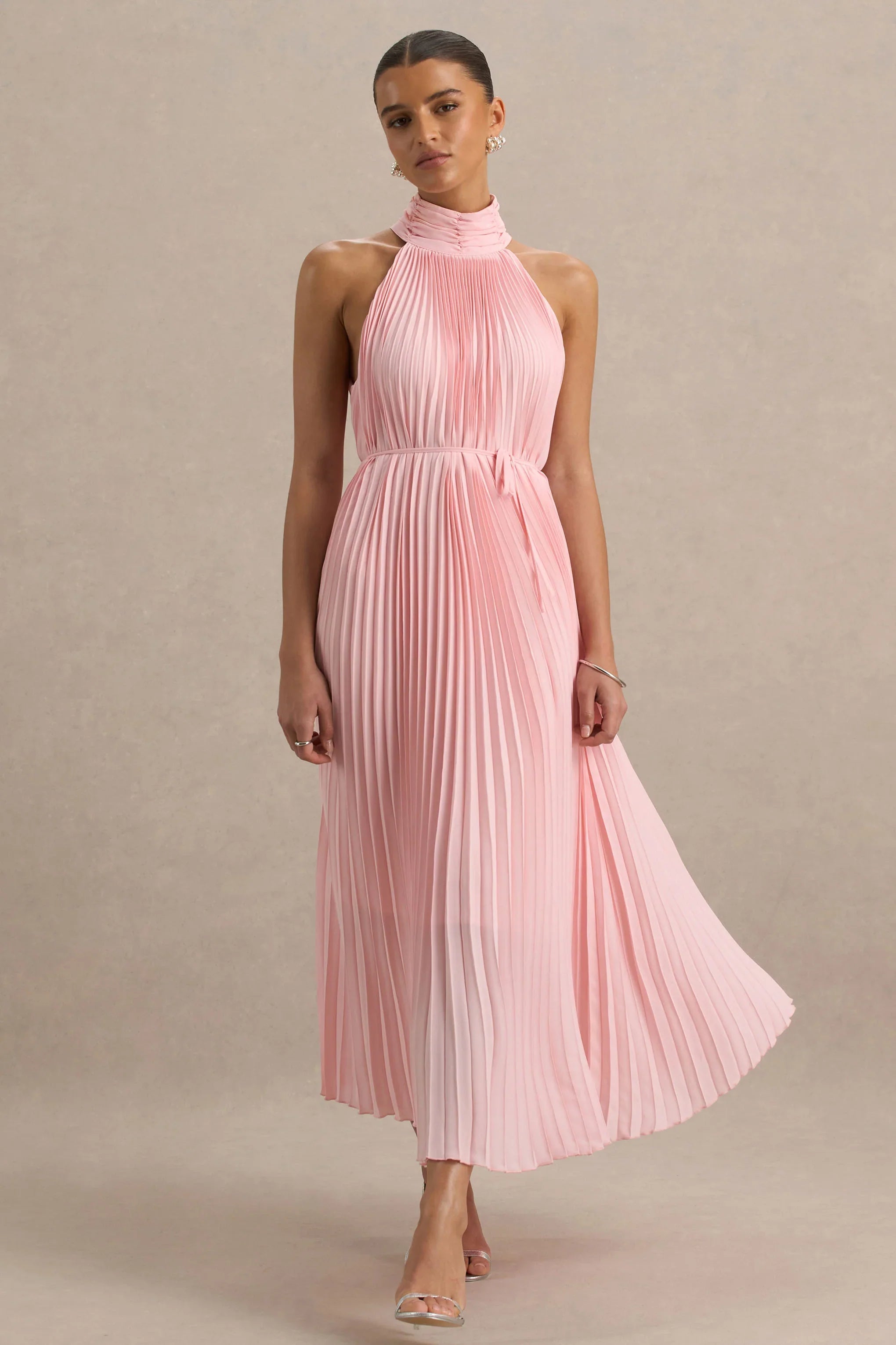 Tulip Blush Pink Pleated High Neck Midi Dress