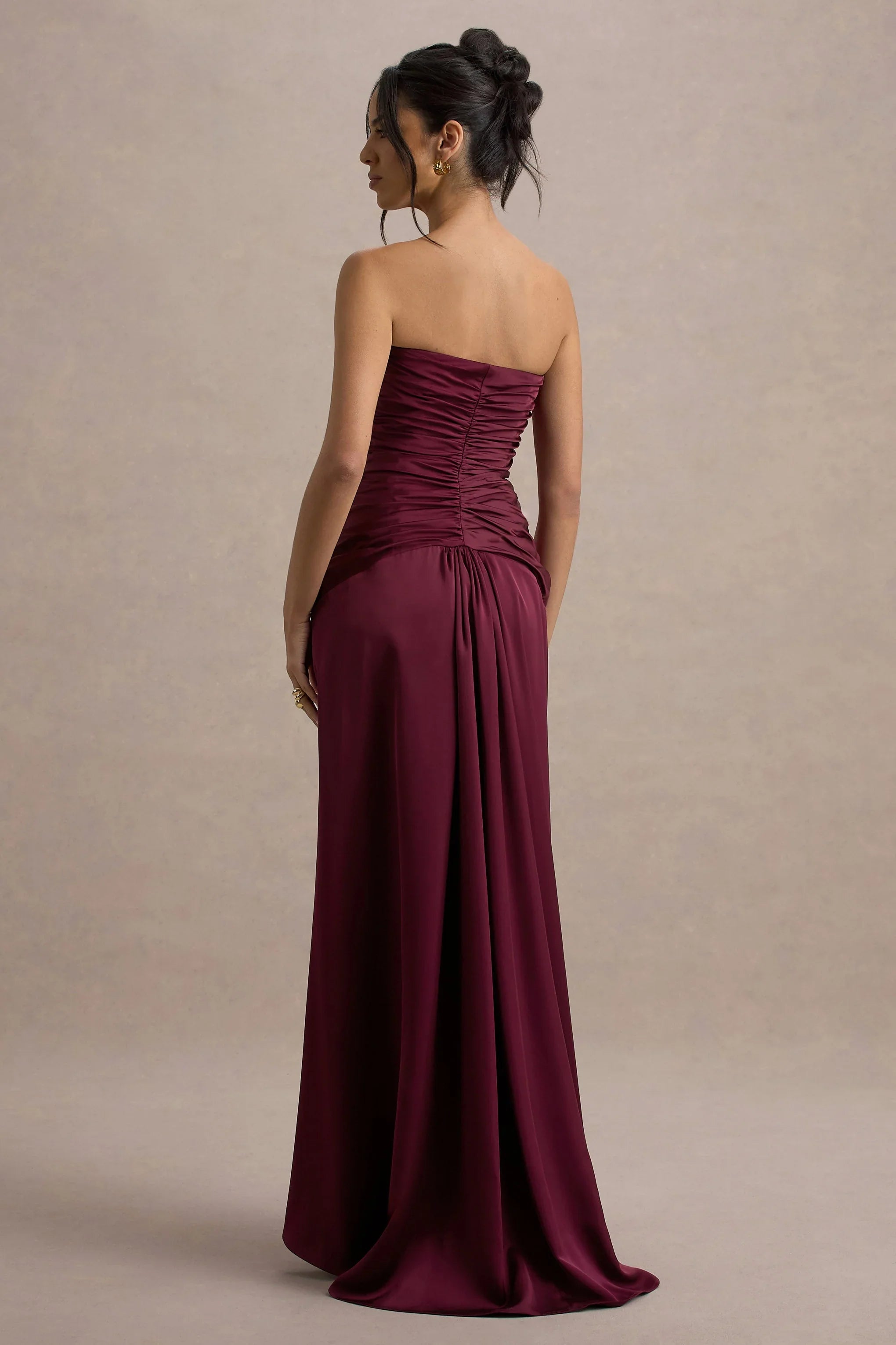 Desirie Plum Satin Sweetheart Gathered Maxi Dress