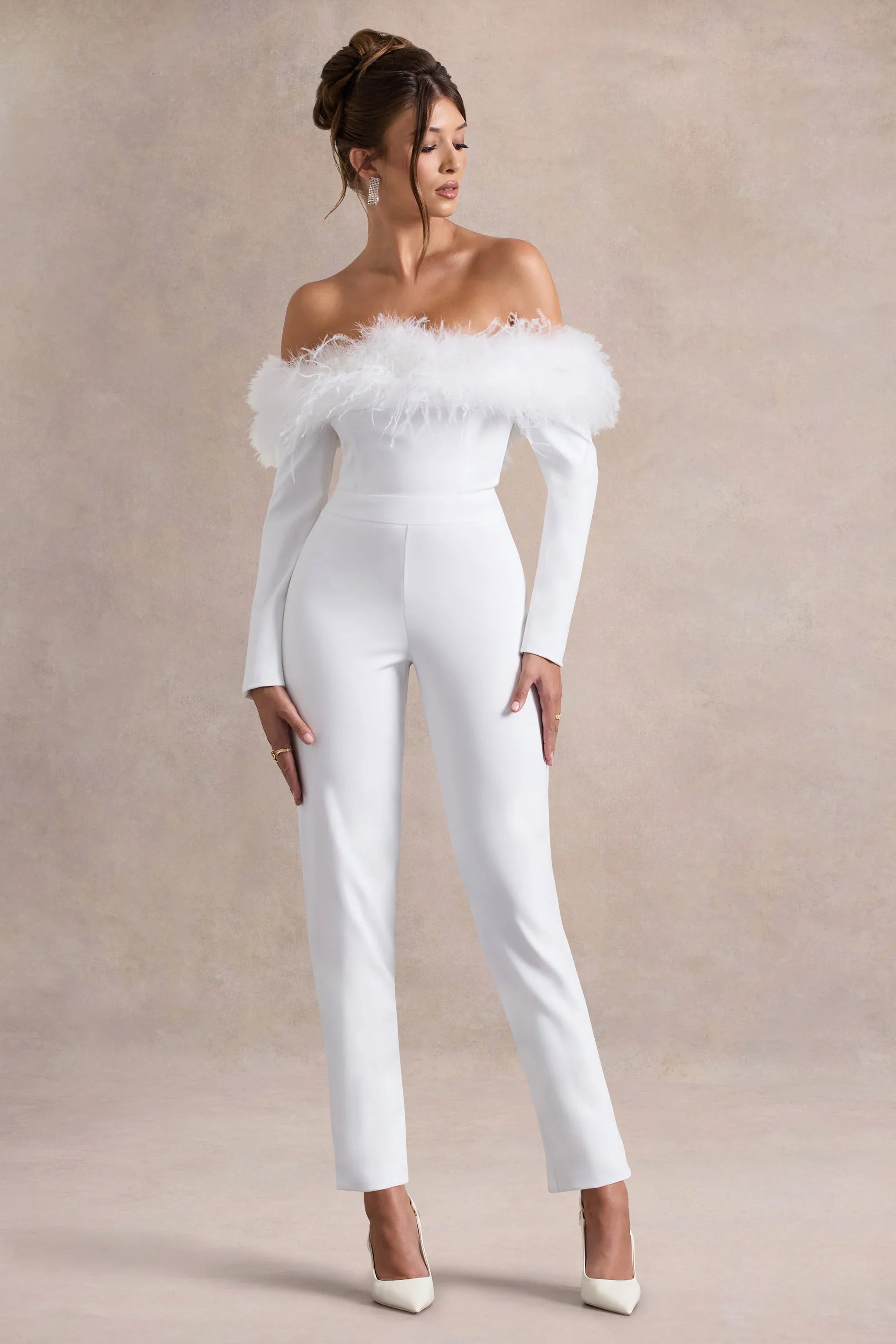 Ales White Bardot Tailored Straight Leg Jumpsuit With Feather Trim