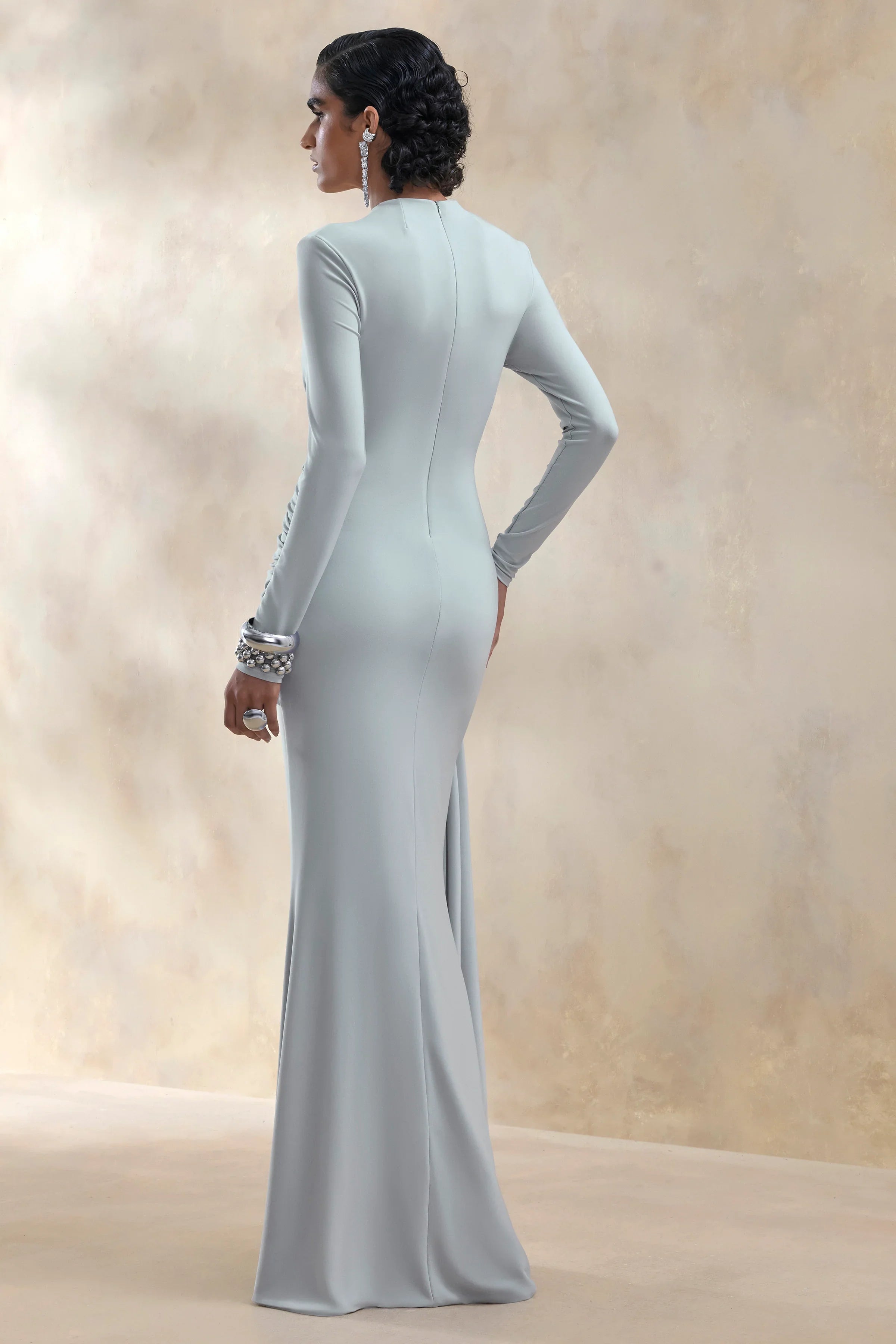 Kyrissa Blue High Neck Maxi Dress With Gathered Detailing